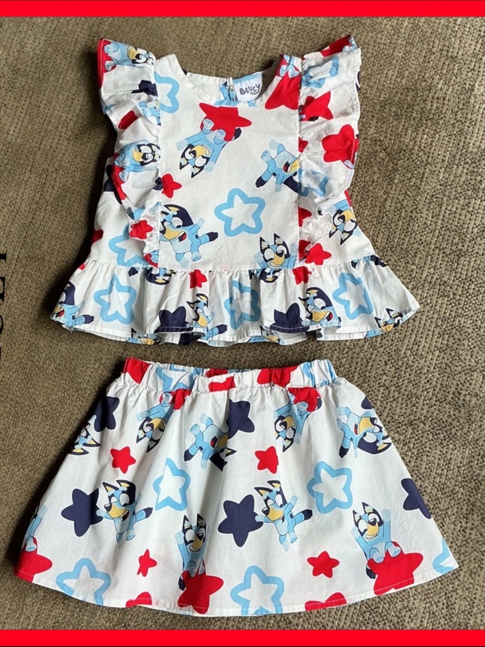 Bluey Sz 4T Girls Two-Piece Star & Character Skort Set - Red, Blue, Navy, White